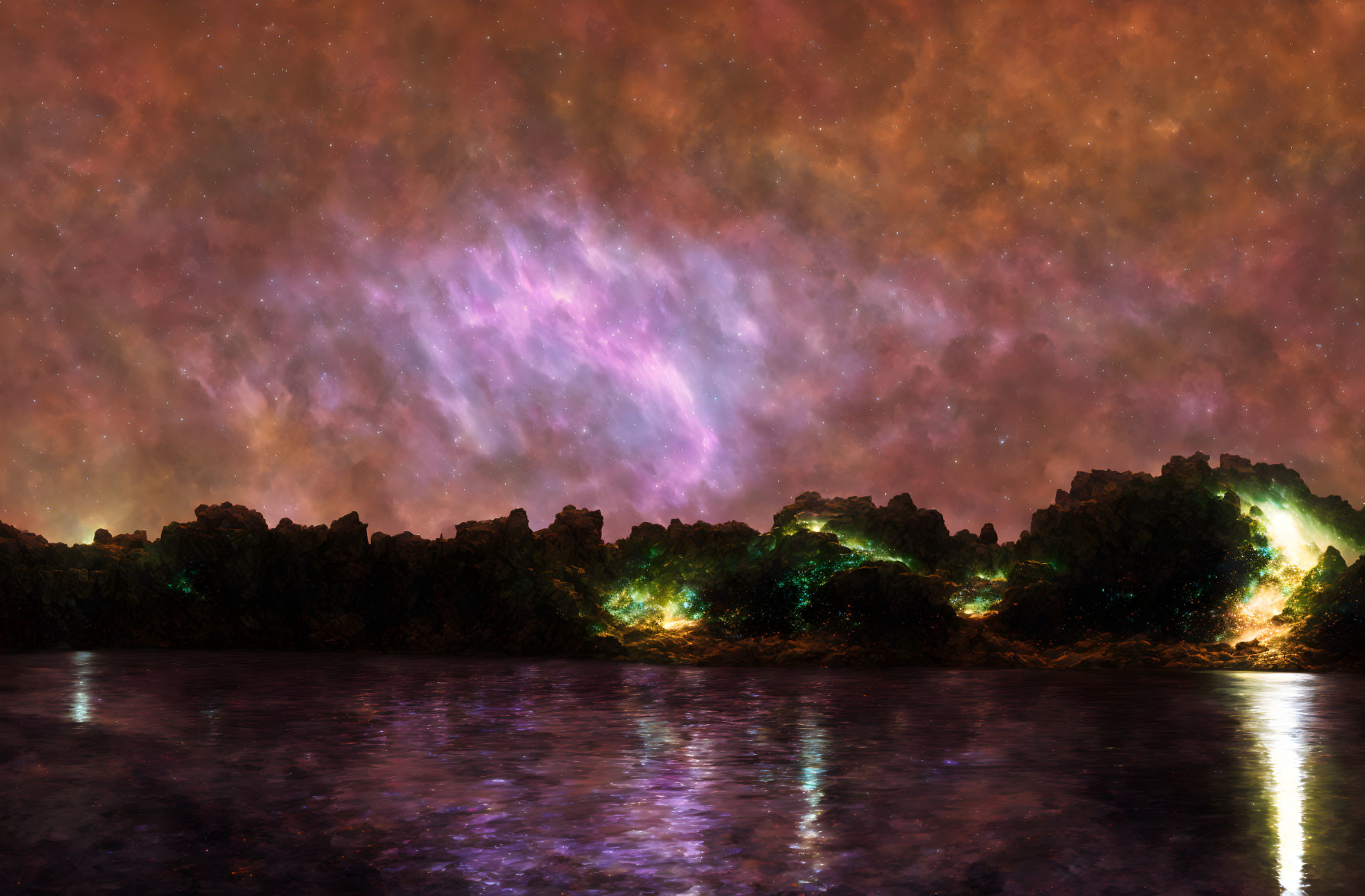 Starry nebula over rocky lakeshore at night