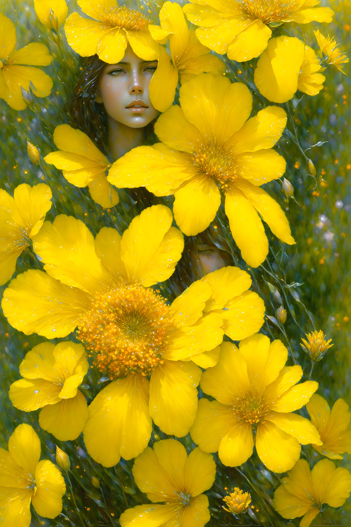 Face Among Vibrant Yellow Flowers in Serene Field