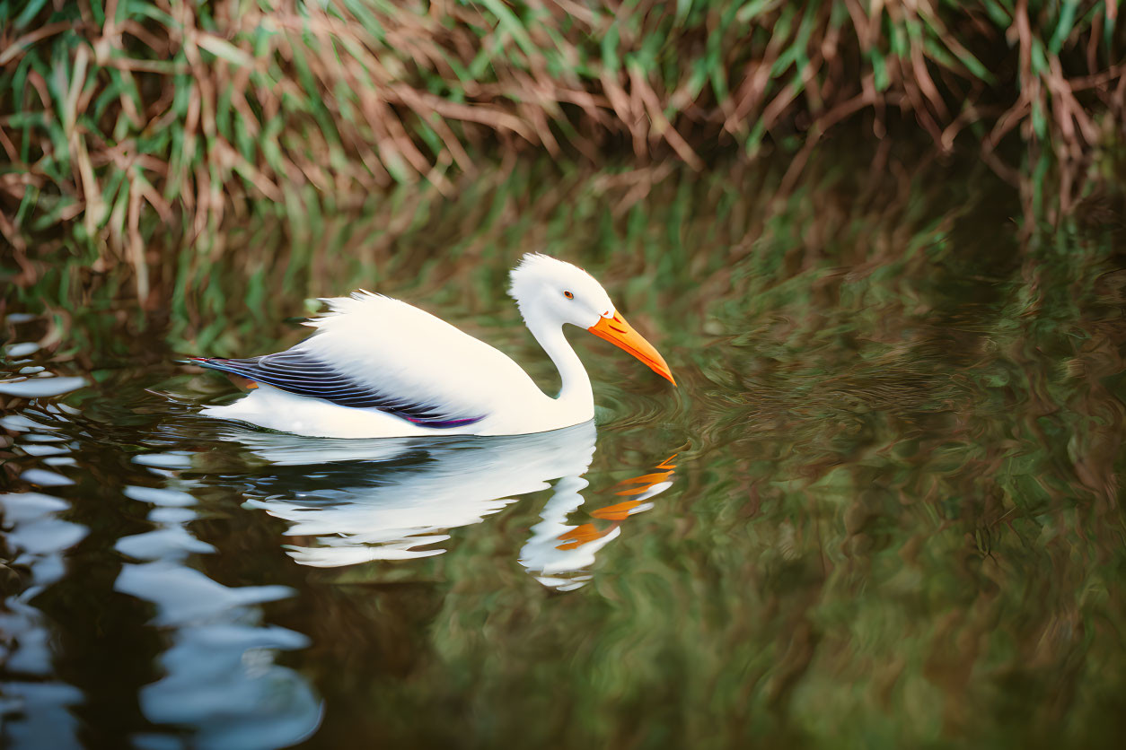 White Pelican with Orange Beak Floating on Calm Water