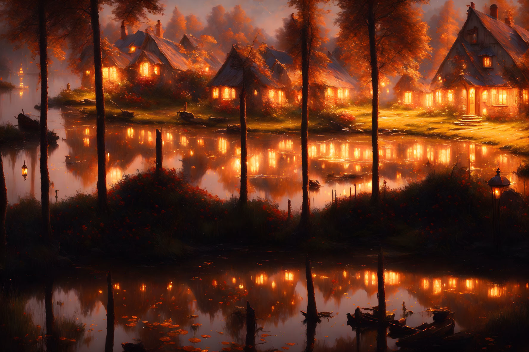 Thatched Cottages at Dusk by Calm Lake with Glowing Windows