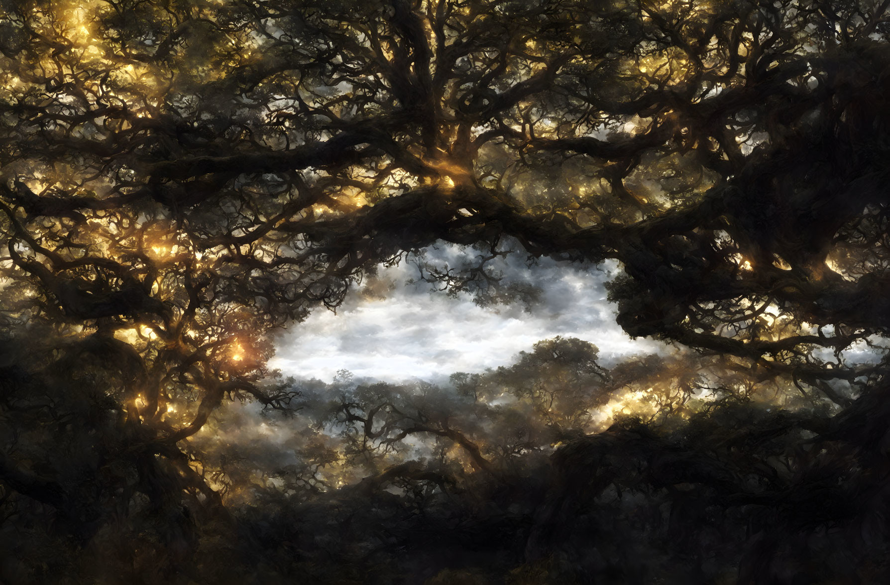 Ethereal glow through twisted tree canopy