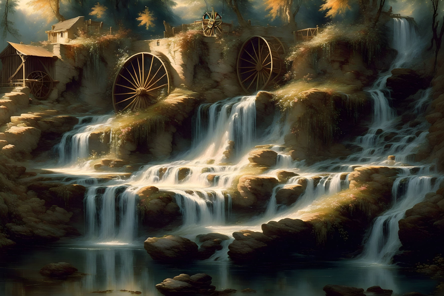 Tranquil pond with cascading waterfall and water wheels