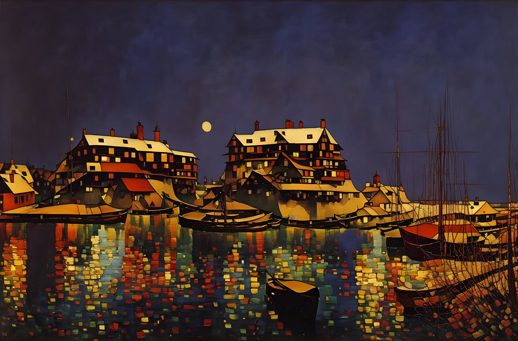 Colorful seaside village painting with moonlit reflections on water