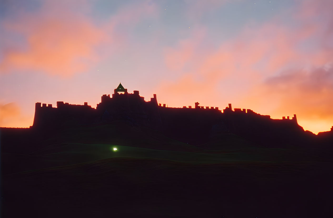 Castle Silhouette at Sunset with Pink and Blue Sky