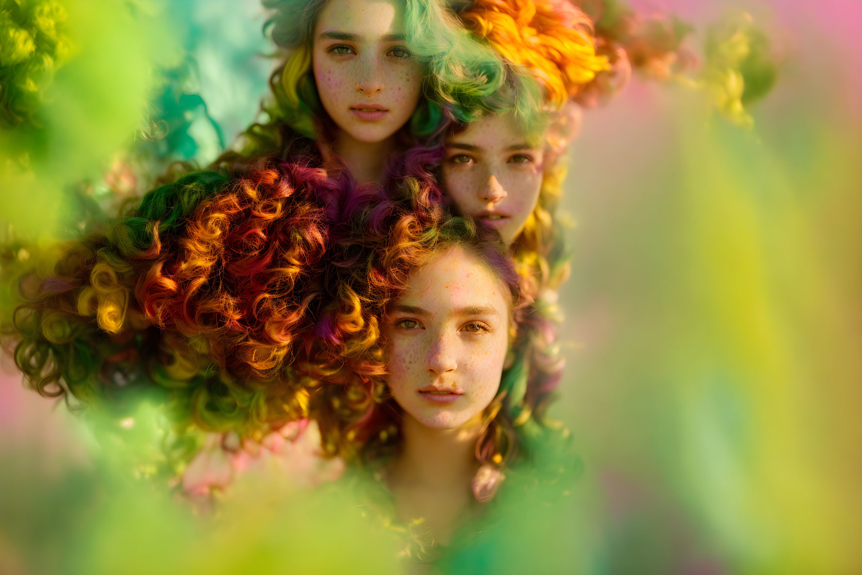 Vibrant, Curly-Haired Trio in Intimate Pose with Dreamy Expressions