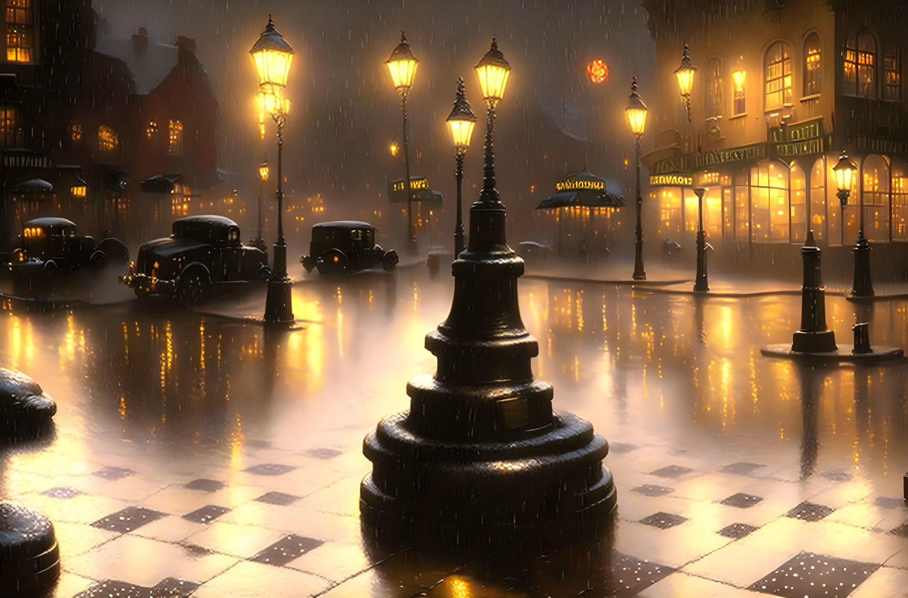 Rainy cobblestone street with vintage cars and glowing streetlamps at twilight