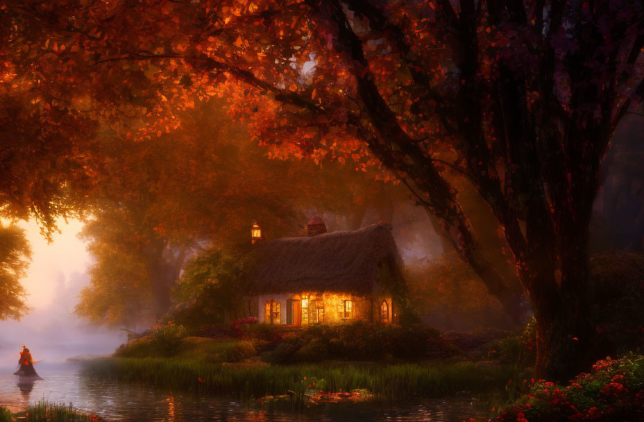 Thatched-Roof Cottage Surrounded by Autumn Trees at Dusk