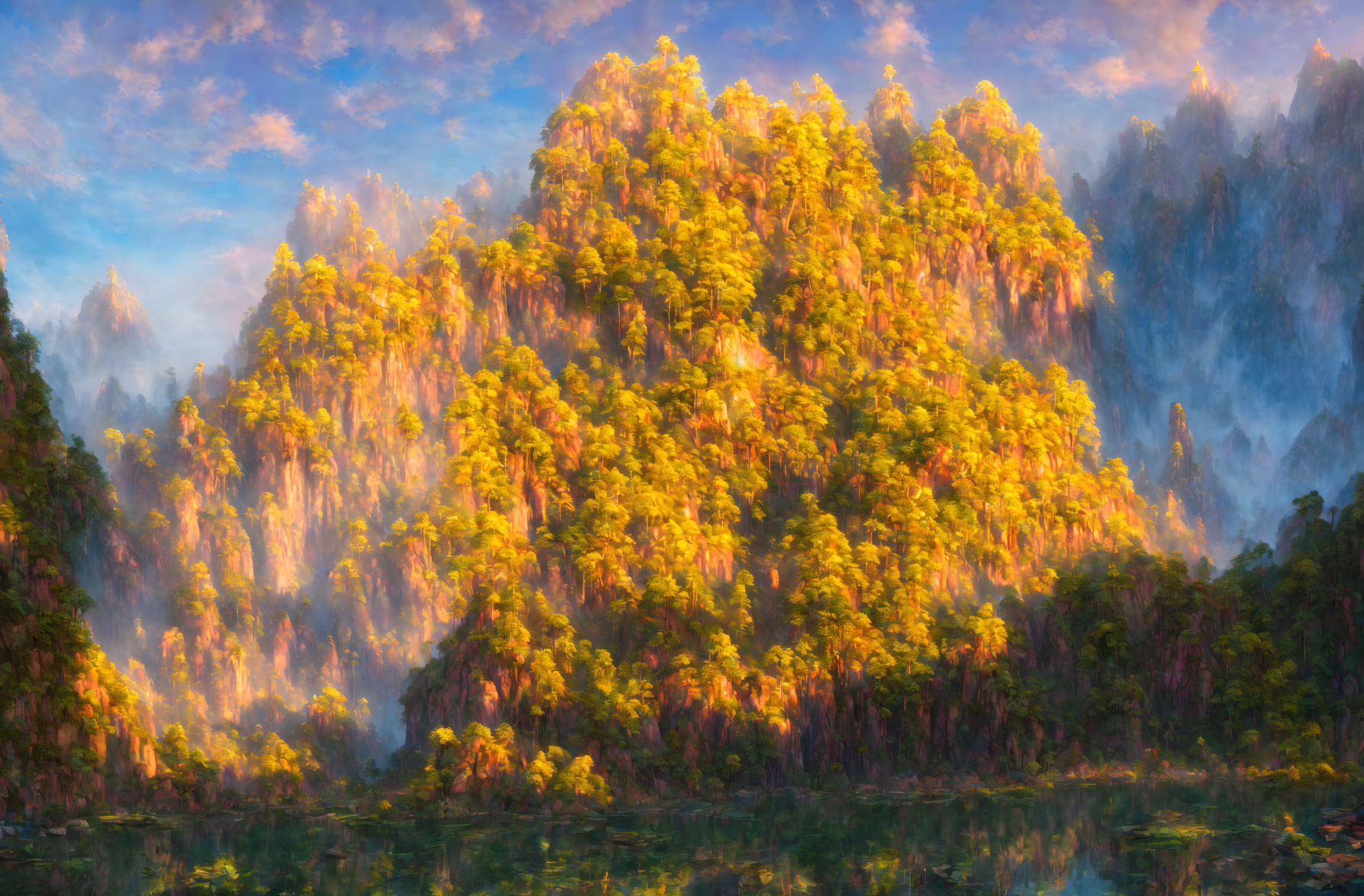 Impressionist-style painting: Lush forest, golden trees, serene lake, rugged mountains