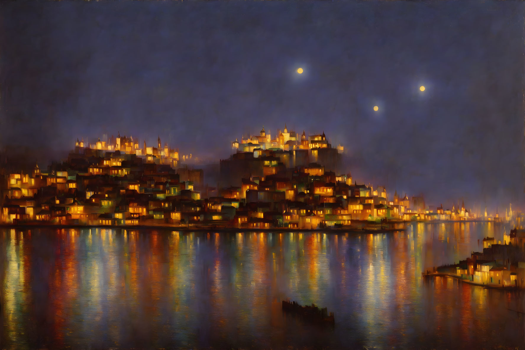 Cityscape with illuminated buildings reflected in water under dark sky