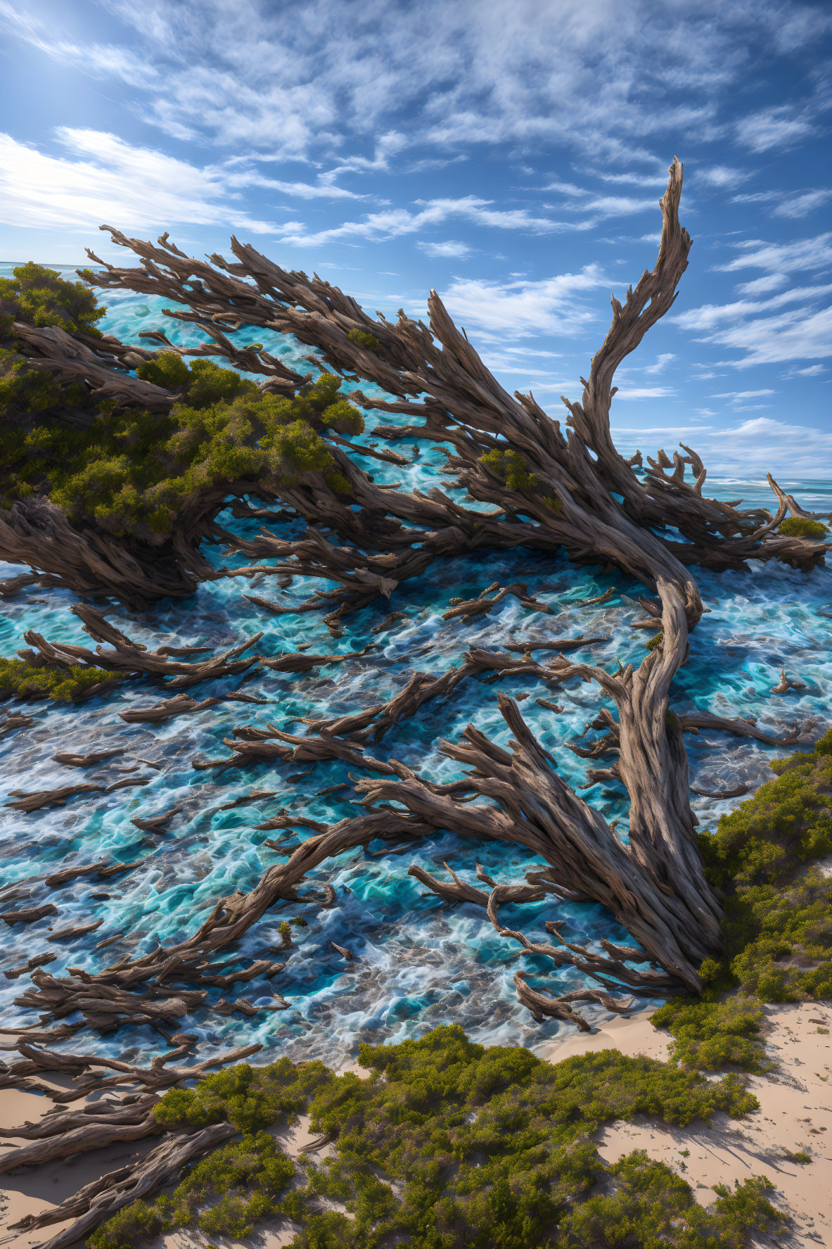 Surreal coastal landscape with gnarled wooden structures above turquoise ocean