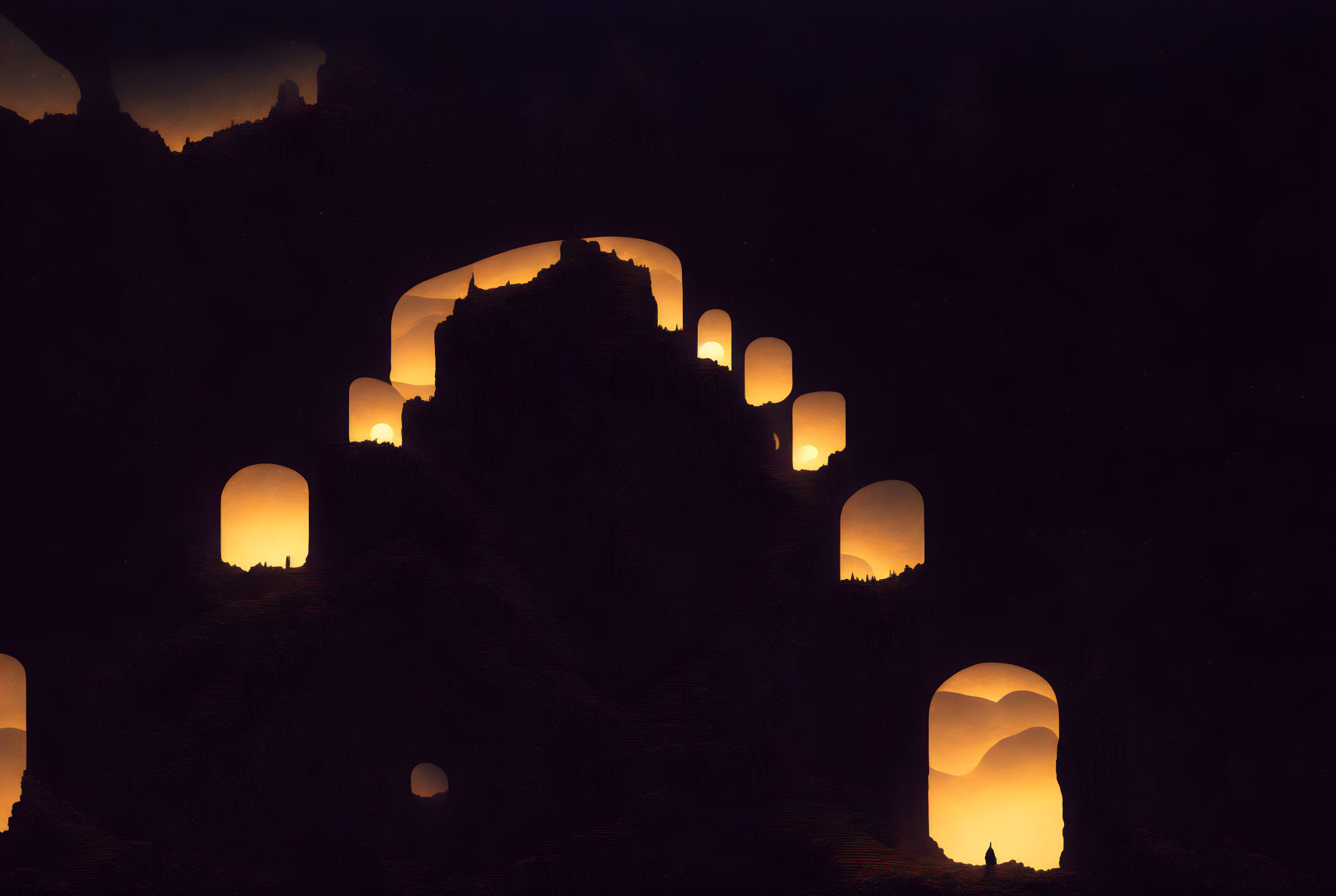 Mountainous Landscape Silhouette with Glowing Arched Windows at Night