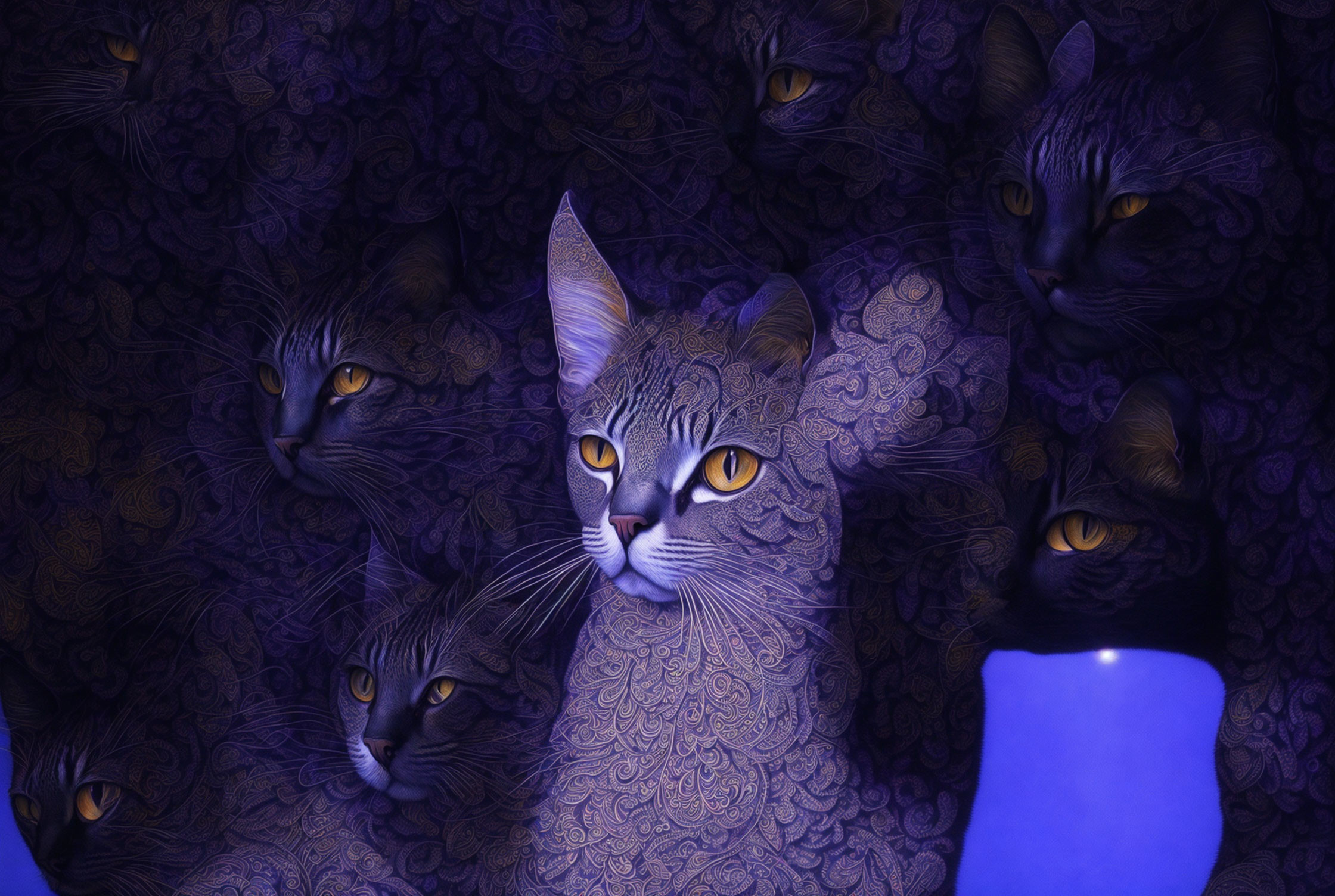 Stylized Cats Digital Artwork on Blue and Purple Patterned Background