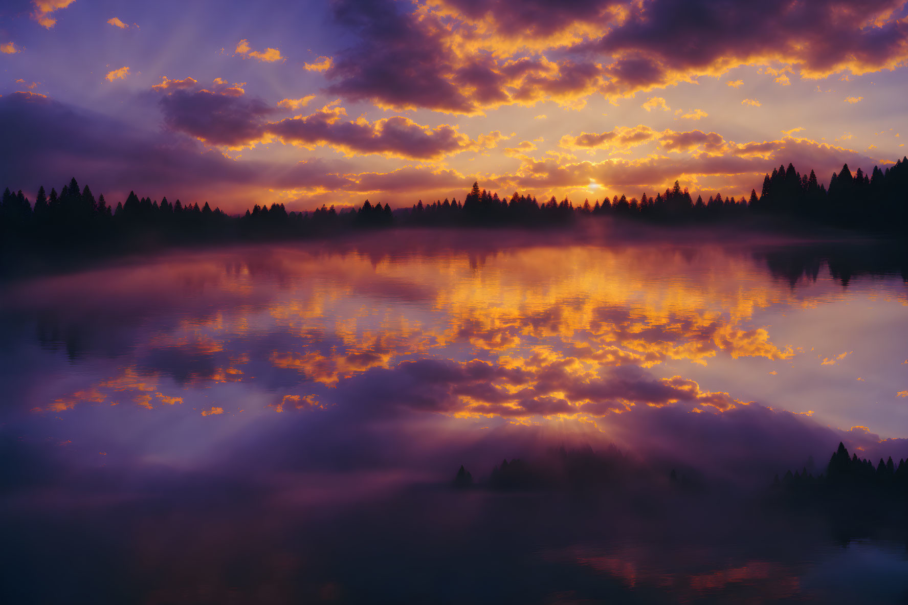 Tranquil lake sunset with purple and orange hues reflected, silhouetted trees, and sun