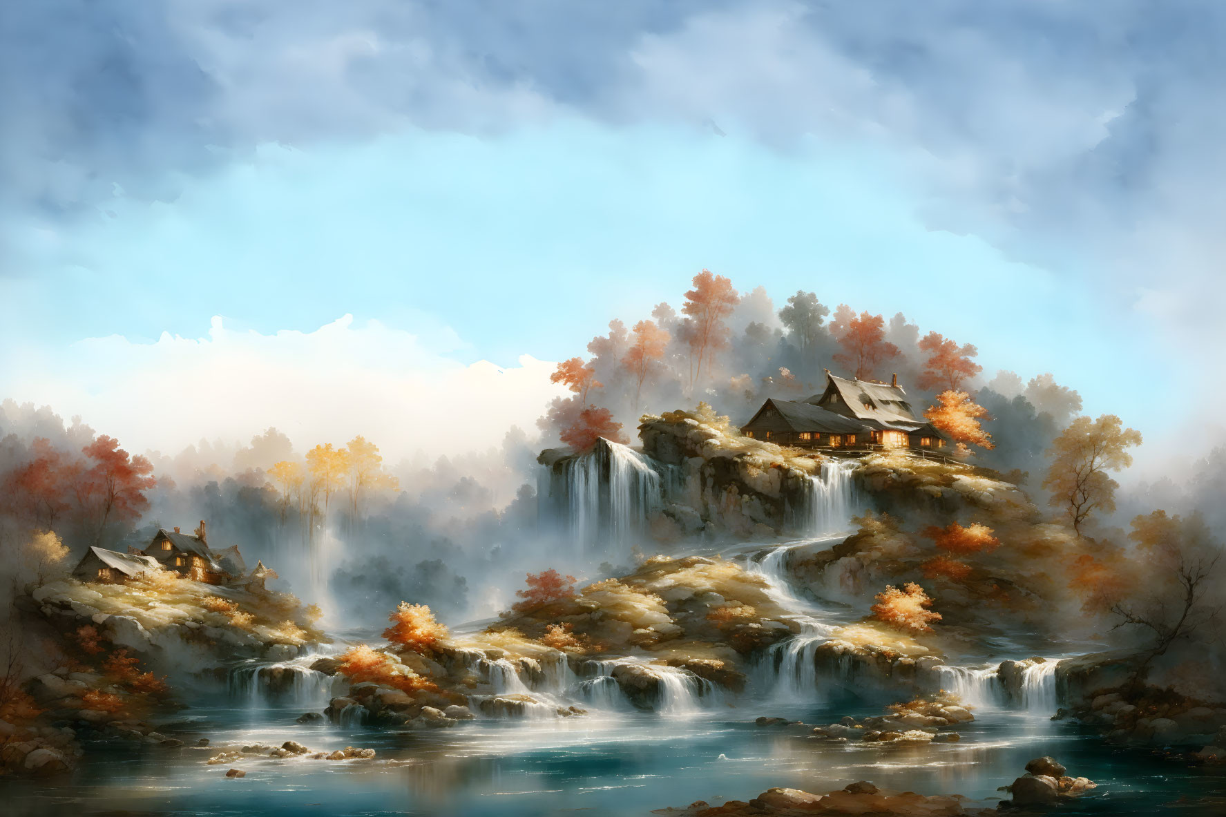 Tranquil autumn landscape with waterfalls, house on rocky cliff, fall foliage, and cloudy sky