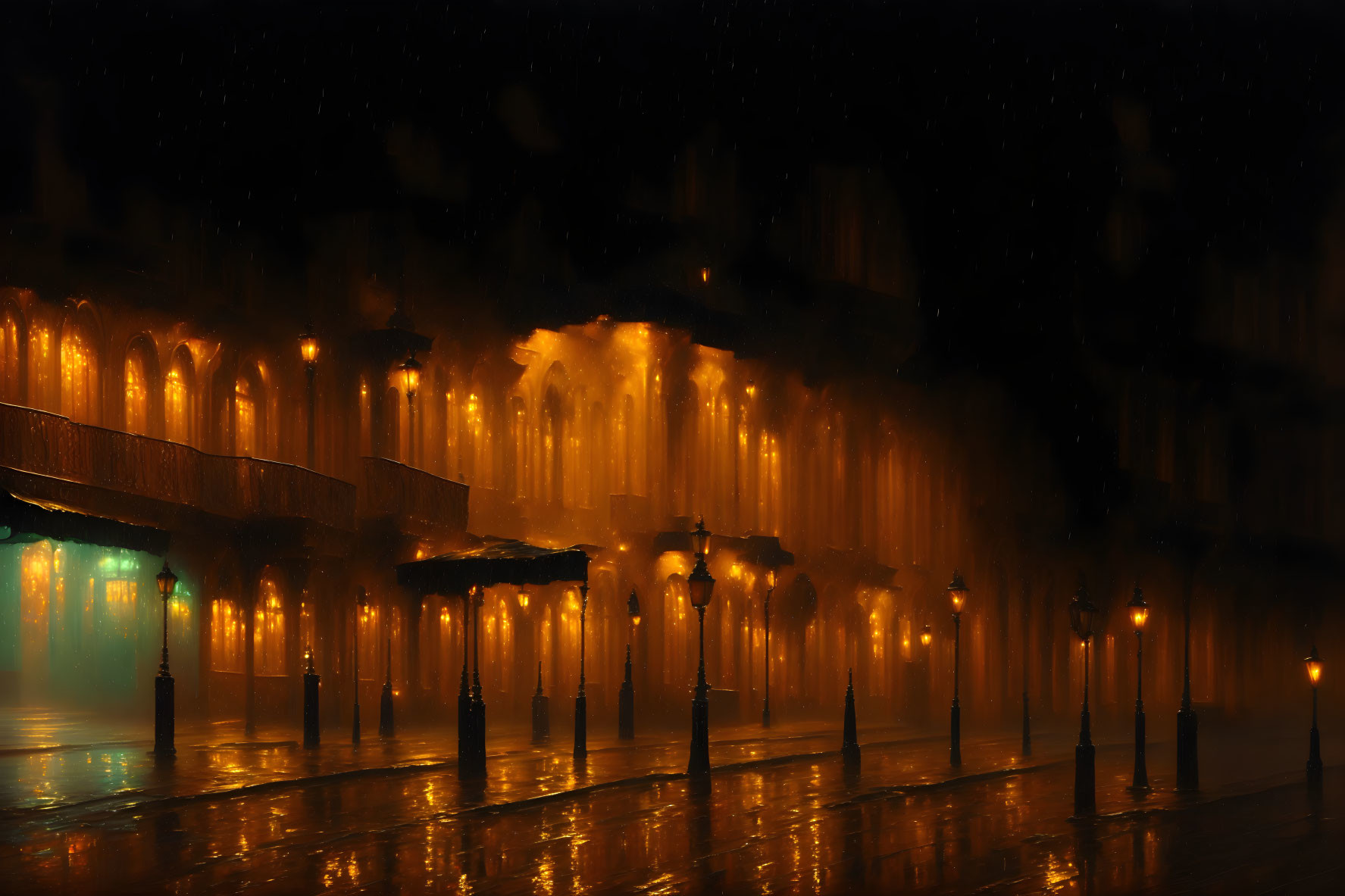 Rain-soaked plaza at night with illuminated street lamps and silhouetted structures