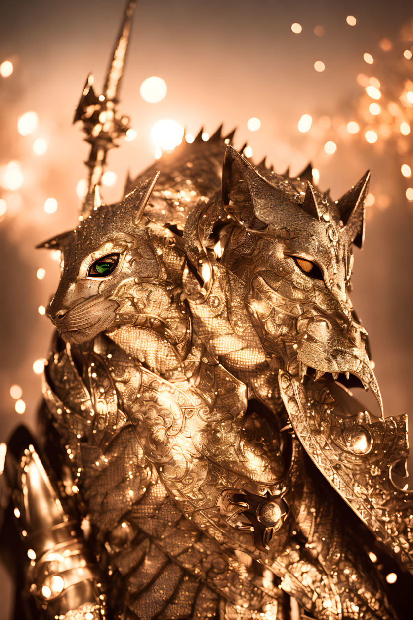 Intricate Golden Dragon Costume with Glowing Eyes and Bokeh Lights