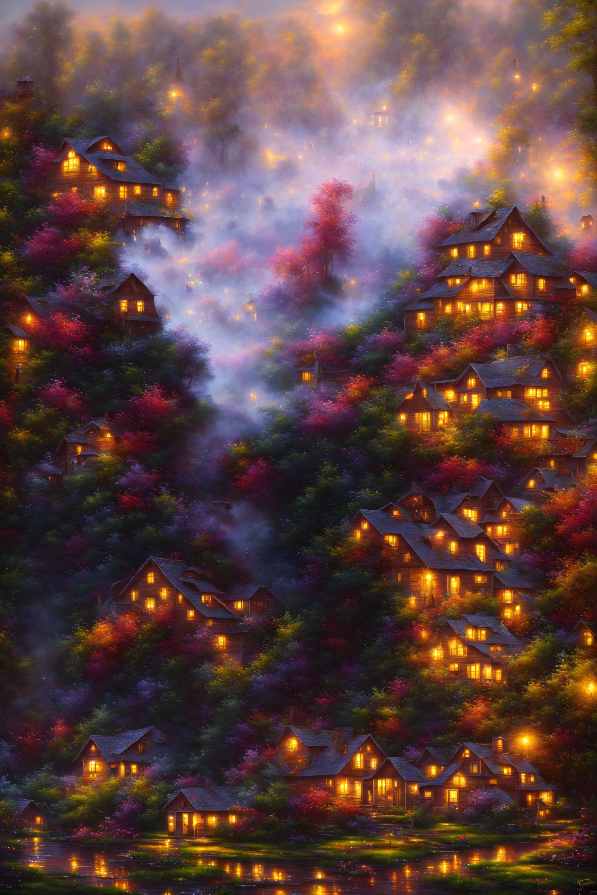 Enchanting village with illuminated houses in autumn setting