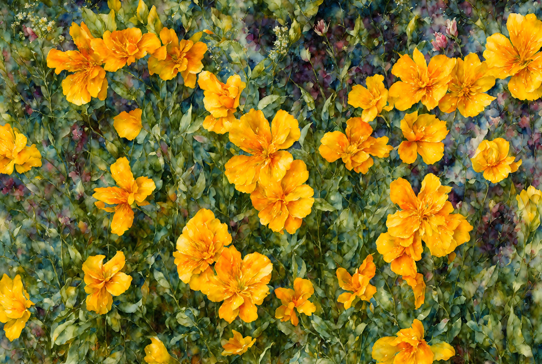 Lush Yellow Flower Field with Green Foliage