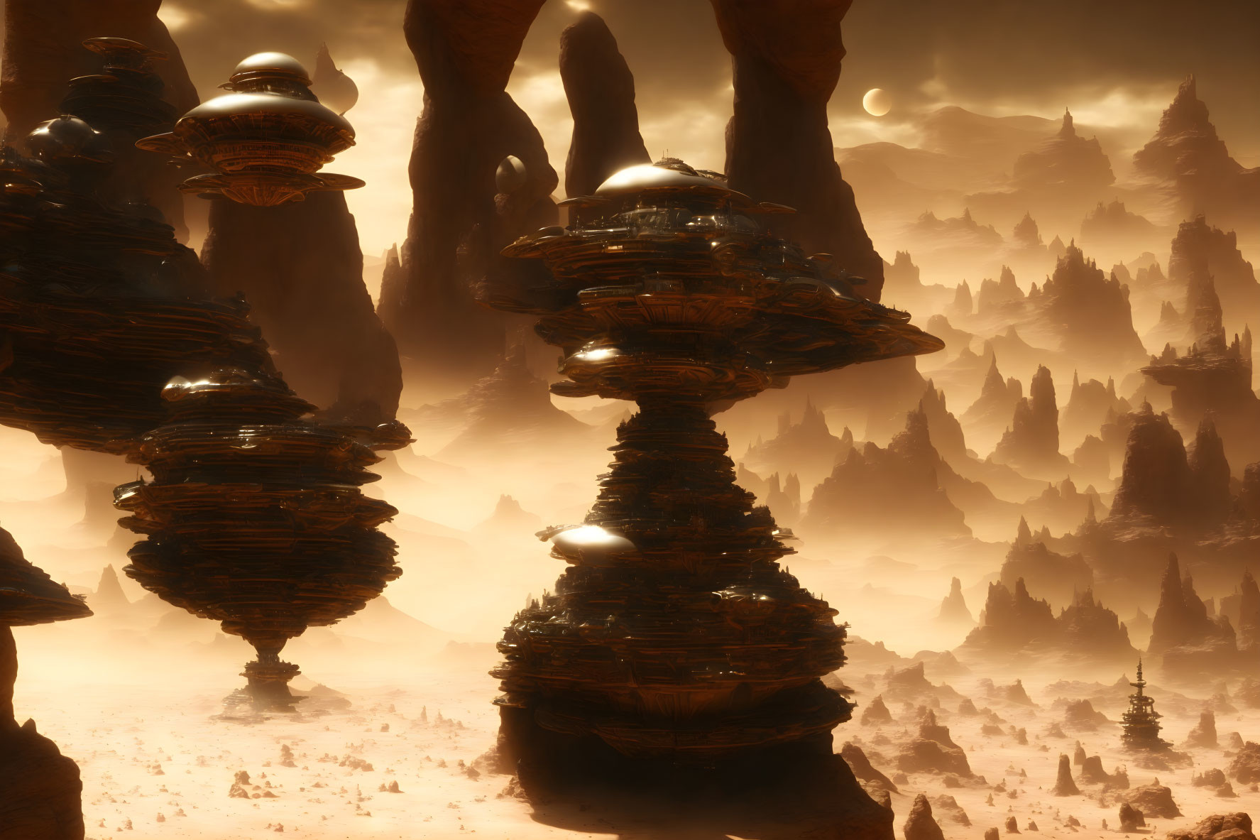 Alien landscape with towering spires under an orange sky