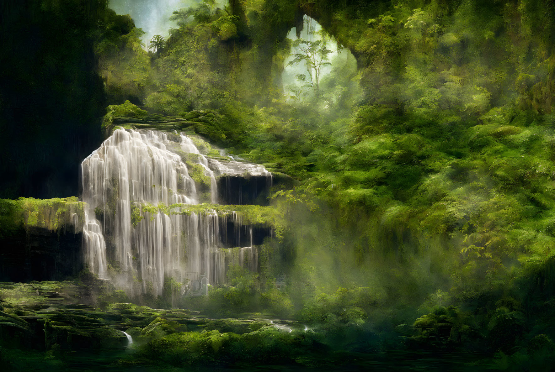 Scenic multi-tiered waterfall in lush green forest