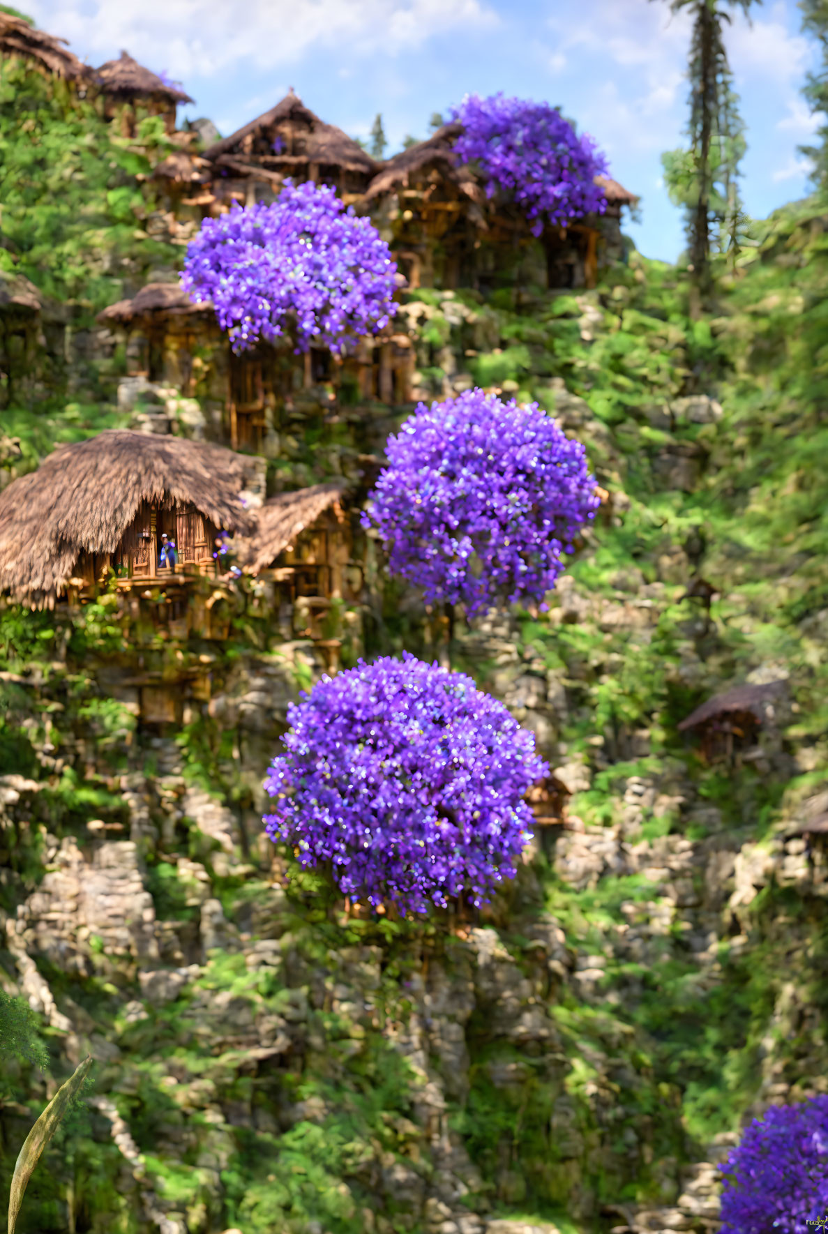 Cliffside wooden huts with purple flowering trees