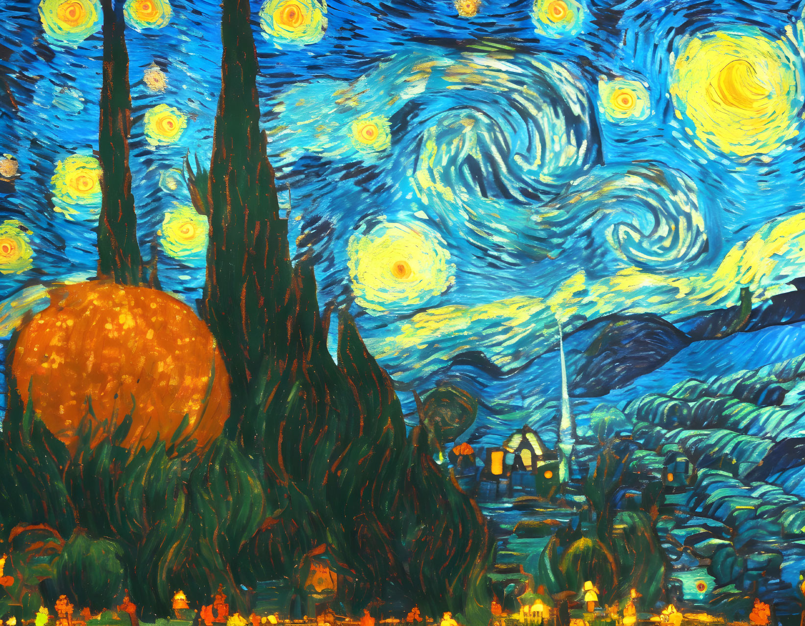 Starry night painting with moon, cypress trees & village