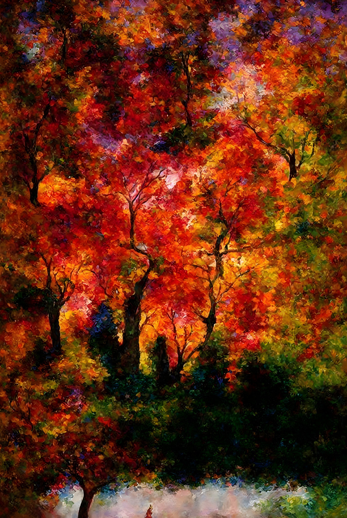 Colorful autumn trees with red and orange leaves on dark backdrop