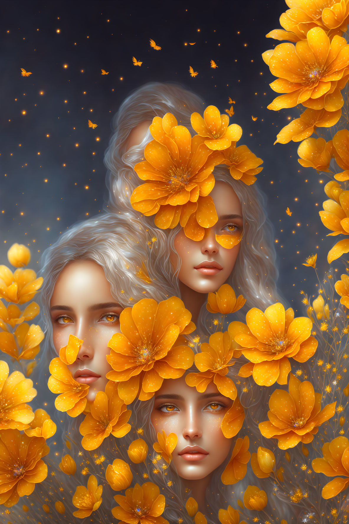 Three Pale Women Surrounded by Orange Flowers in Starry Scene