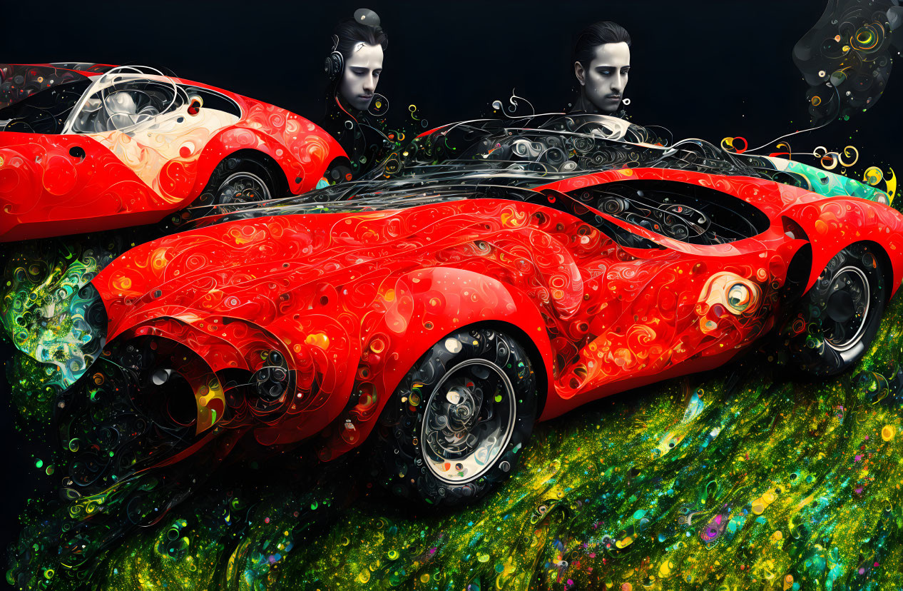 Abstract digital art: Red sports cars merge with faces on cosmic background