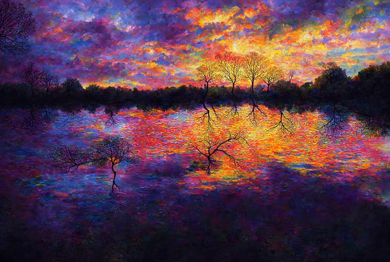 Colorful surreal forest painting with water reflections under twilight sky