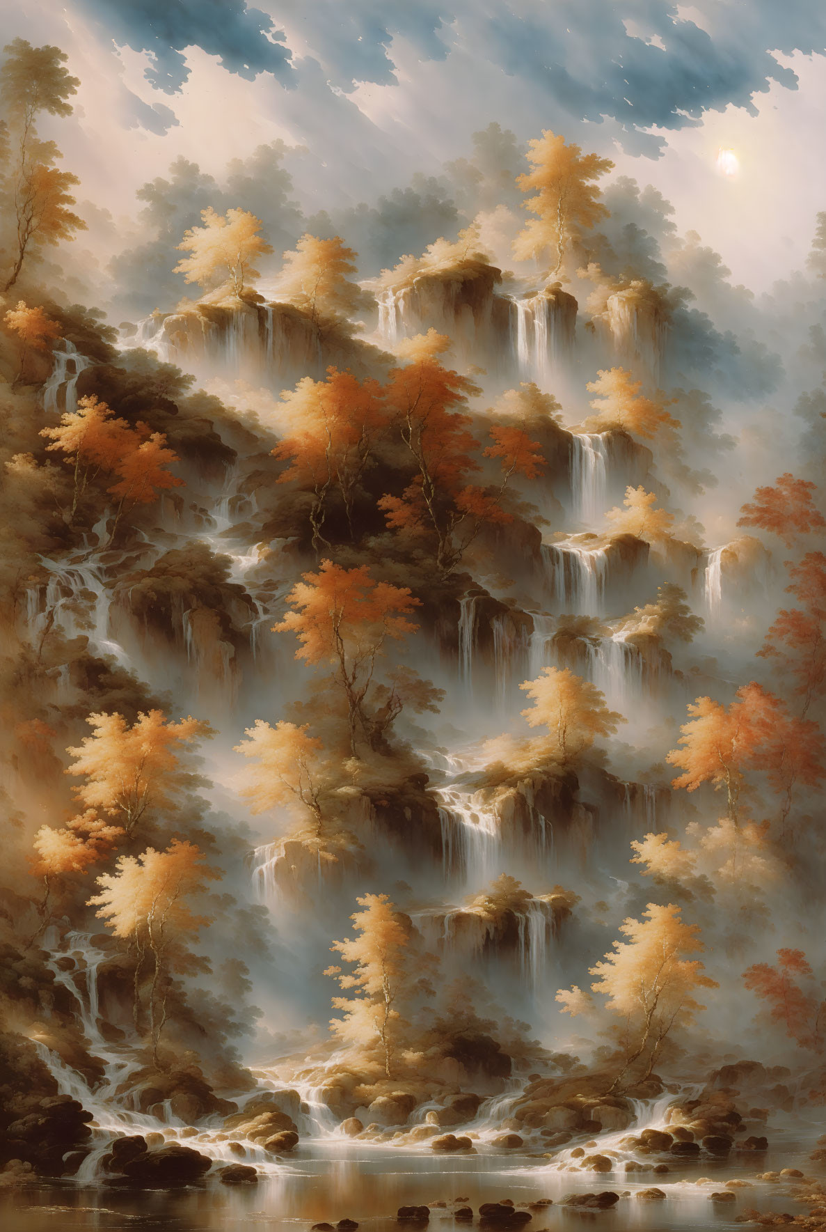 Autumnal forest with cascading waterfalls and golden-hued trees