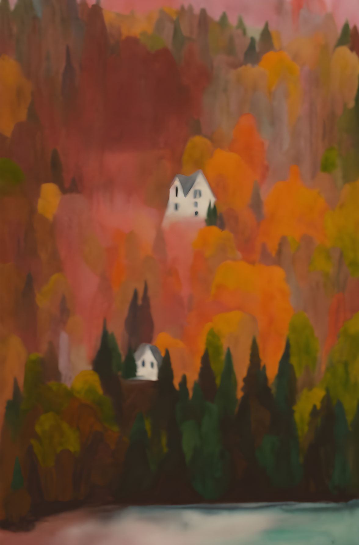 Impressionistic painting of white houses in autumn landscape