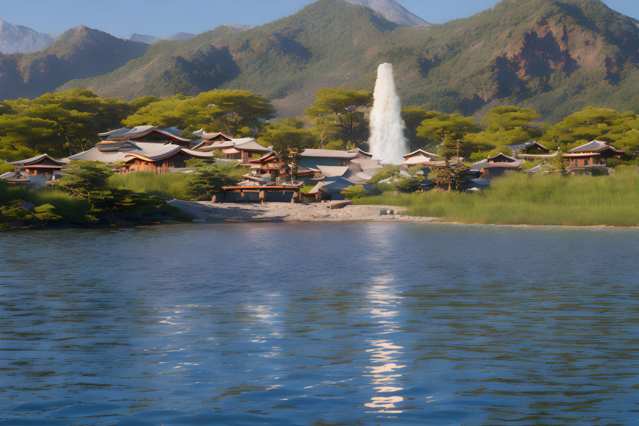 Traditional buildings near tall fountain in tranquil lake setting