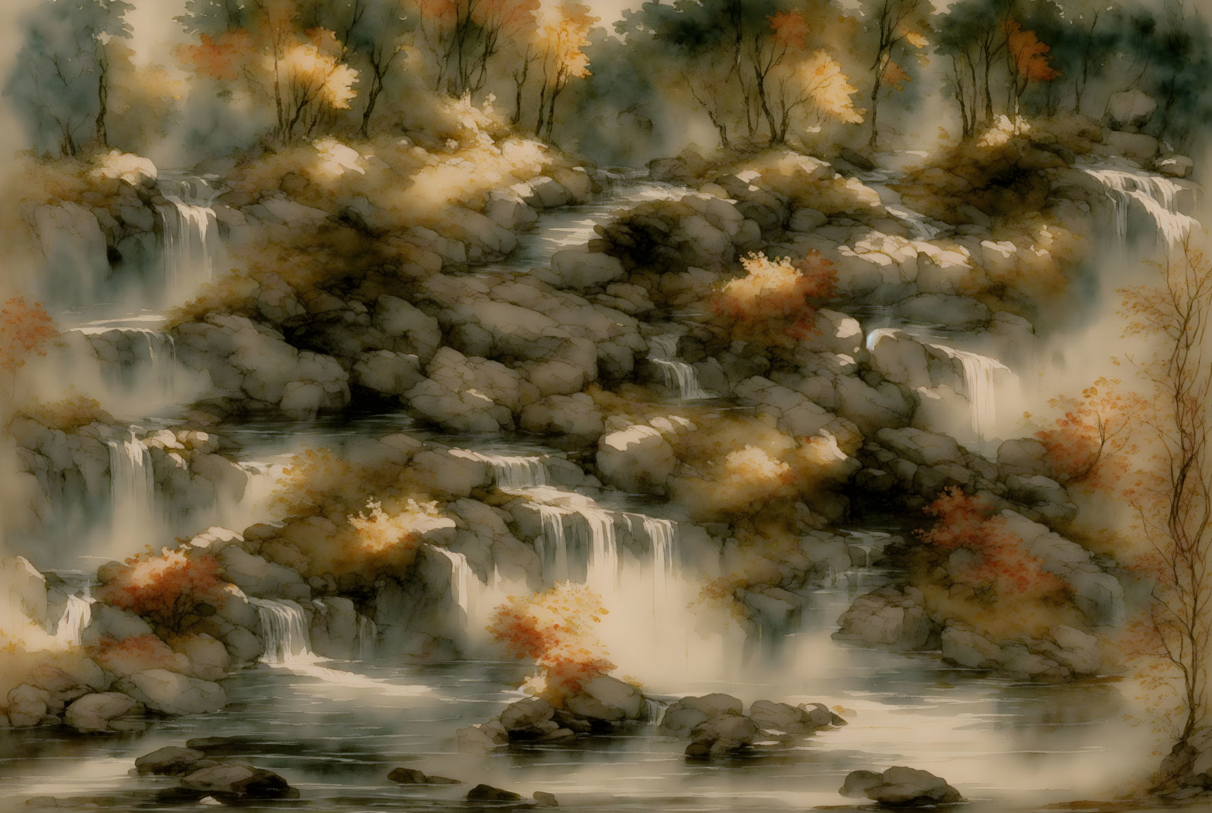 Autumn waterfalls cascade over rocky terraces in serene scene