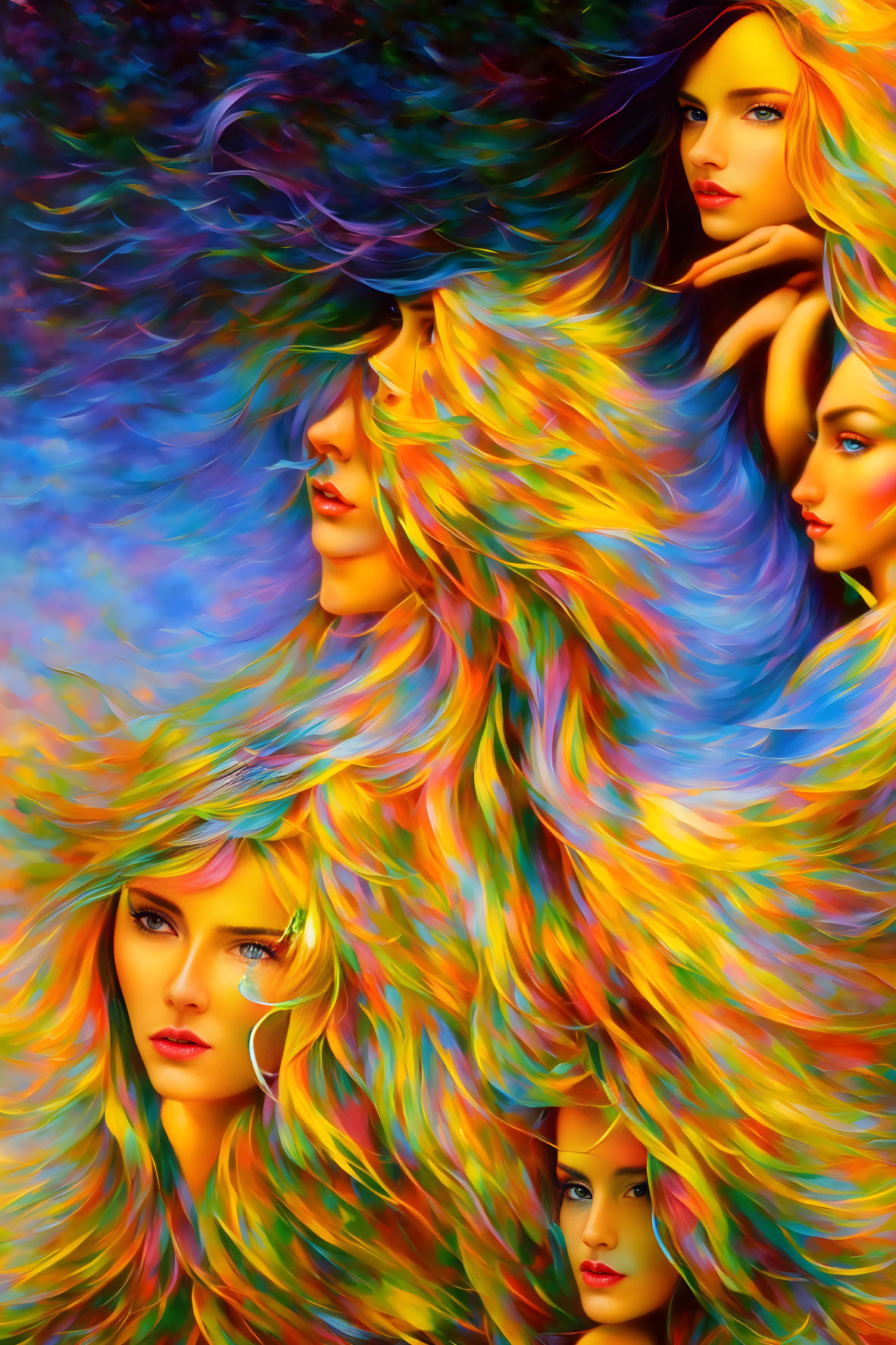 Digital artwork: Multicolored hair cascading into women's faces with expressive eyes