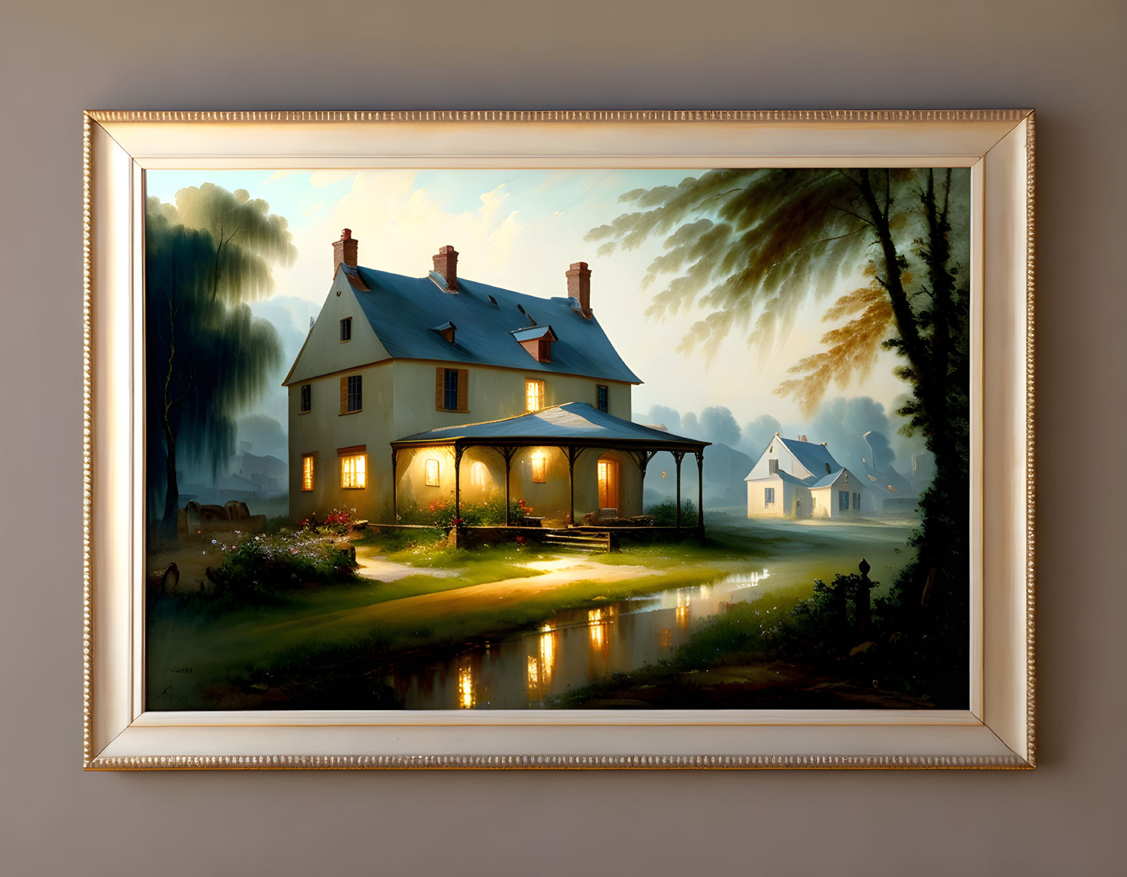 Serene two-story house painting with glowing lights by pond at dusk