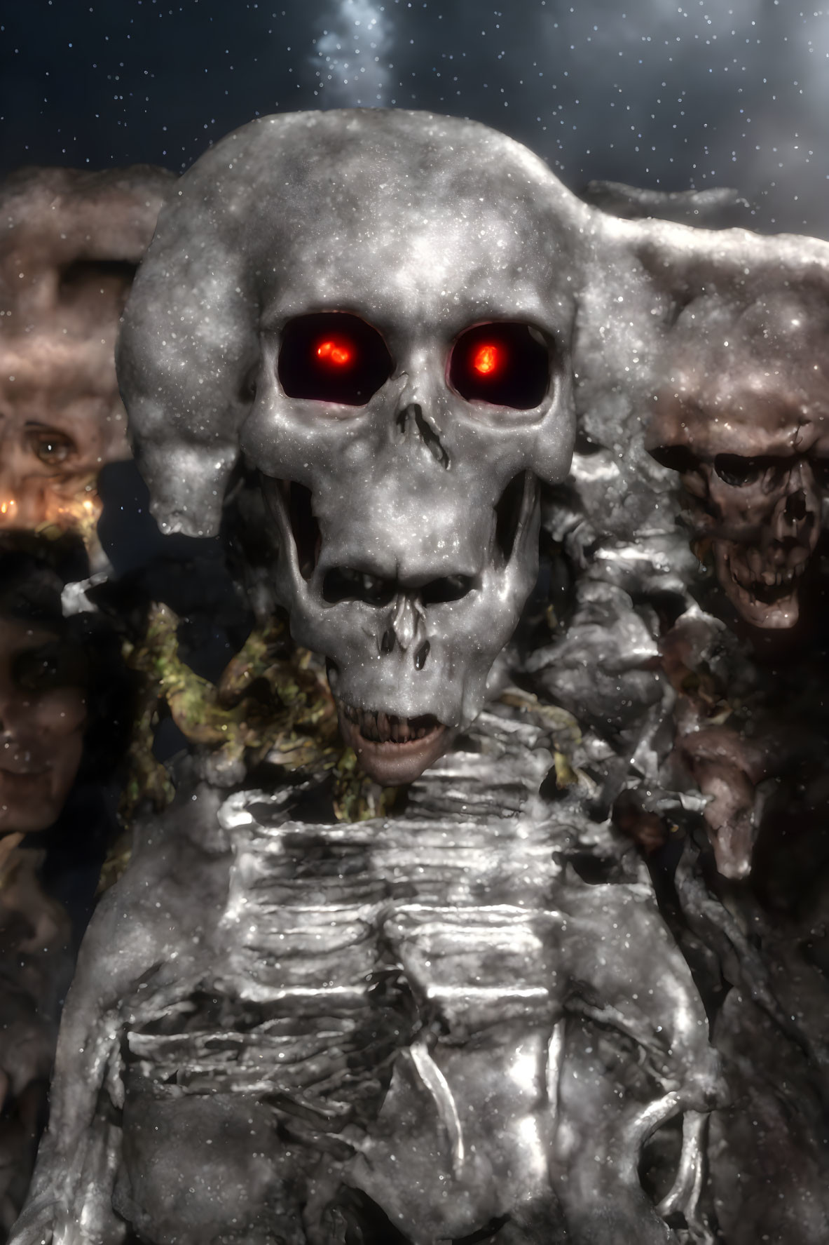 Macabre humanoid sculpture with skull-like face and red eyes surrounded by smaller skulls on dark background