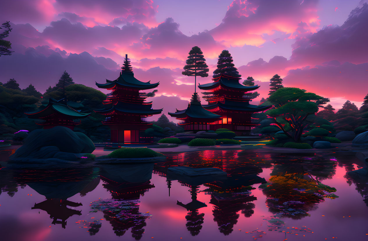 Japanese pagodas in serene violet dusk scene with lush trees and pond reflections