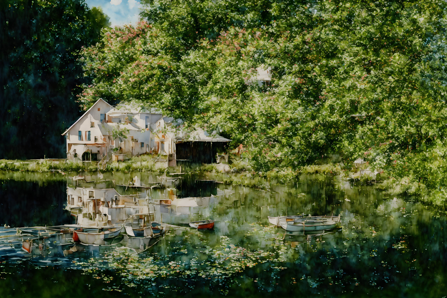 Tranquil river painting with boats, greenery, and sunny sky