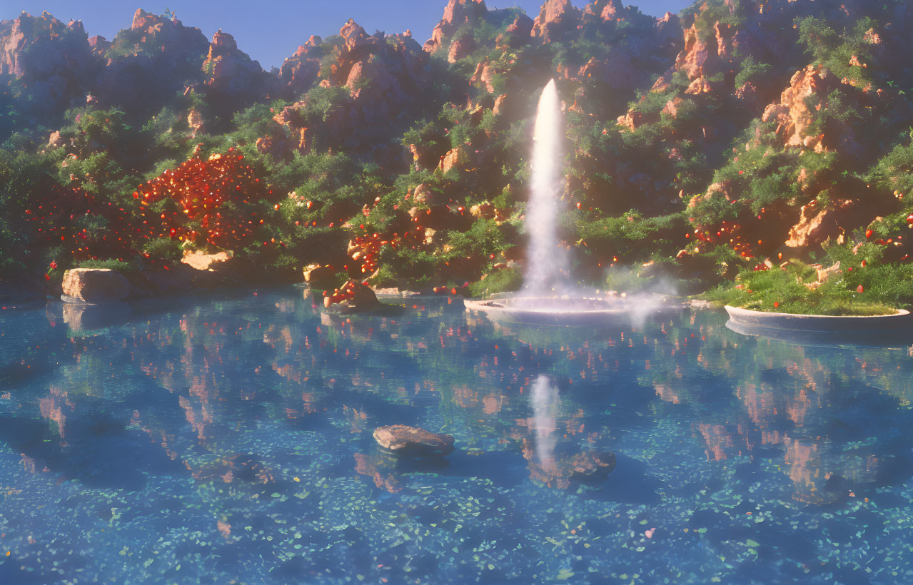 Tranquil landscape with central geyser, blue pond, red flora, and rocky outc