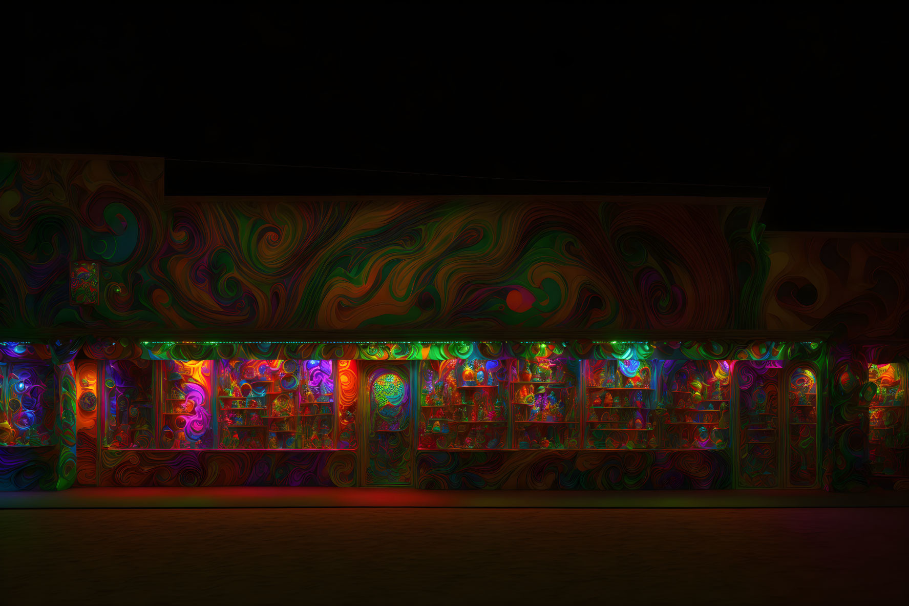 Colorful neon patterns light up storefront at night