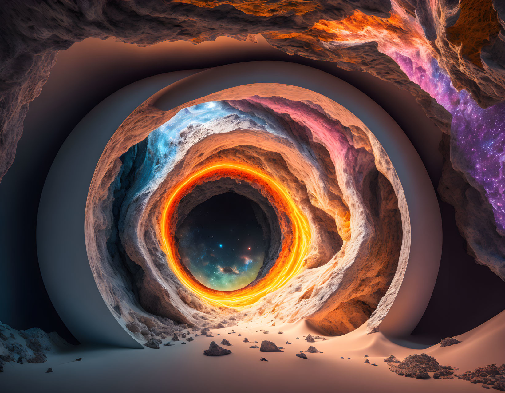 Colorful Textured Walls Surrounding Cosmic Portal in Fantastical Cavern