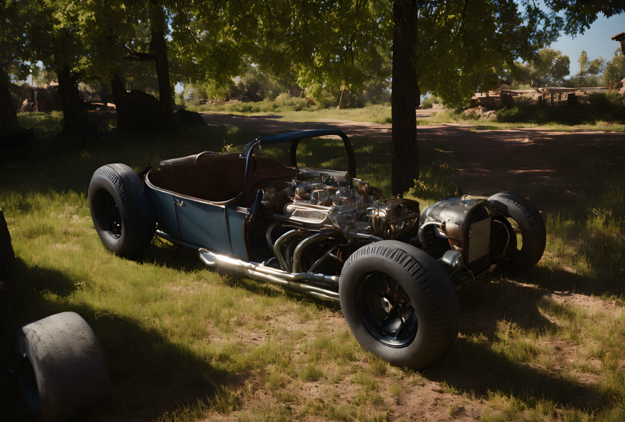 Vintage-style roadster with exposed engine and large tires parked on dusty trail with buildings in background