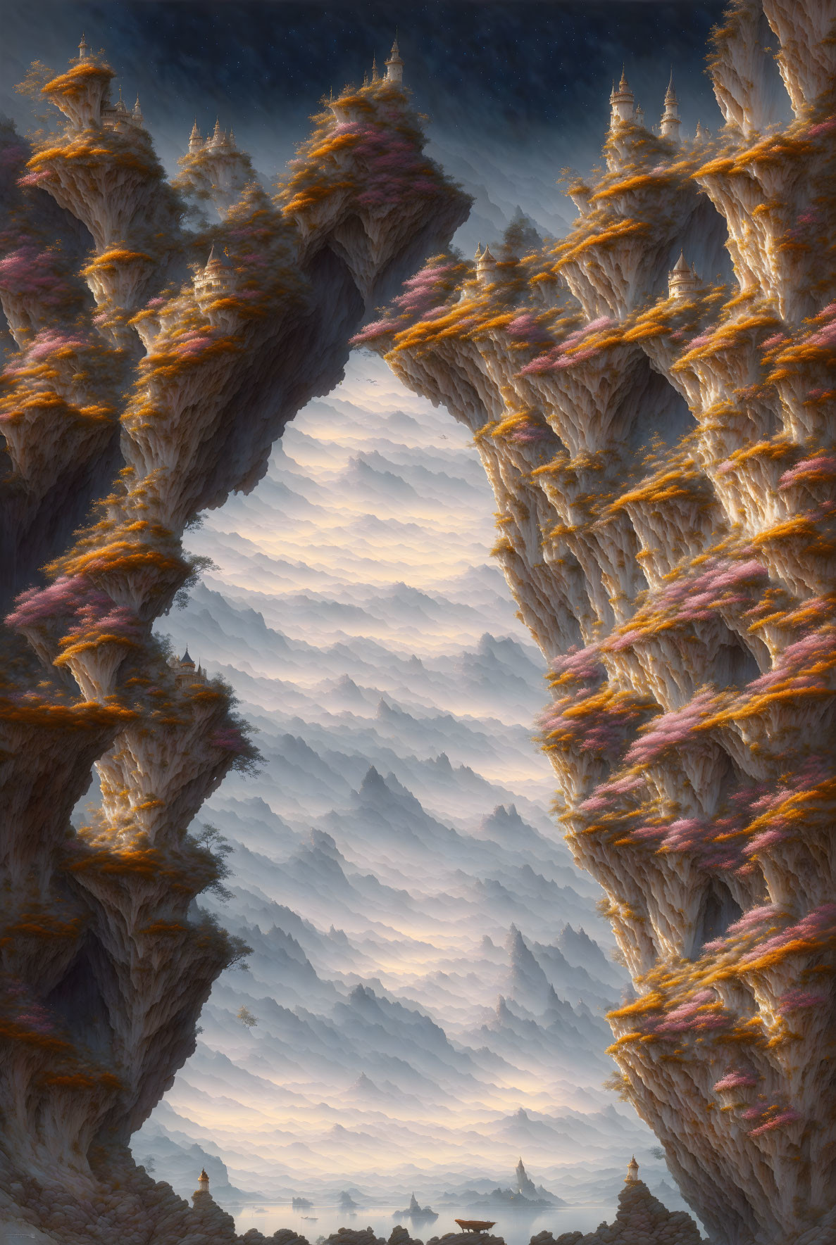 Fantastical vertical landscape with towering spires and layered rock formations