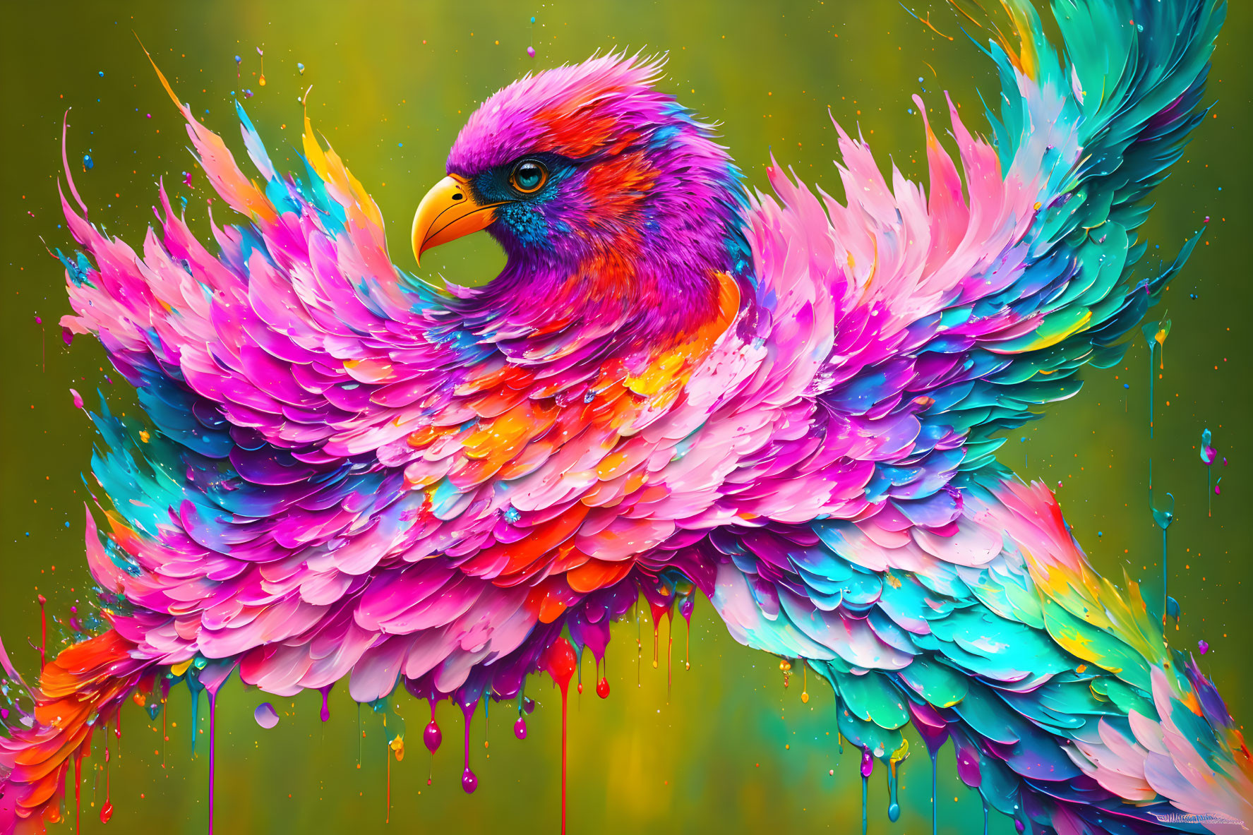 Colorful Bird Digital Artwork with Pink, Blue, & Yellow Feathers