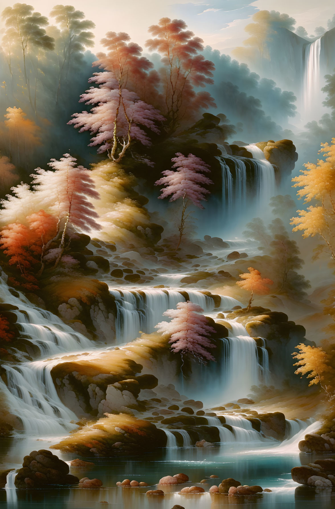 Tranquil waterfall over mossy rocks in autumn setting