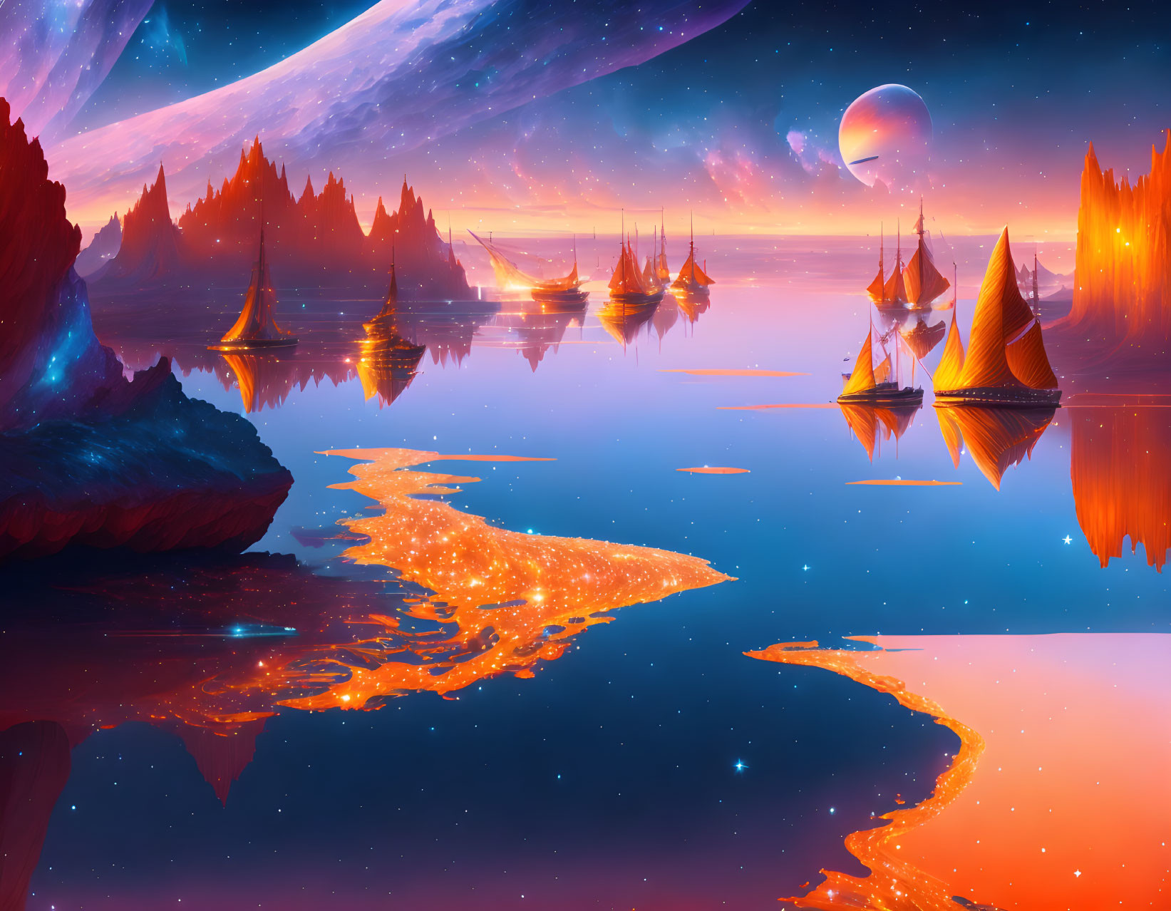 Colorful sci-fi landscape with sailing ships on orange water under a vast sky with planets and glowing neb