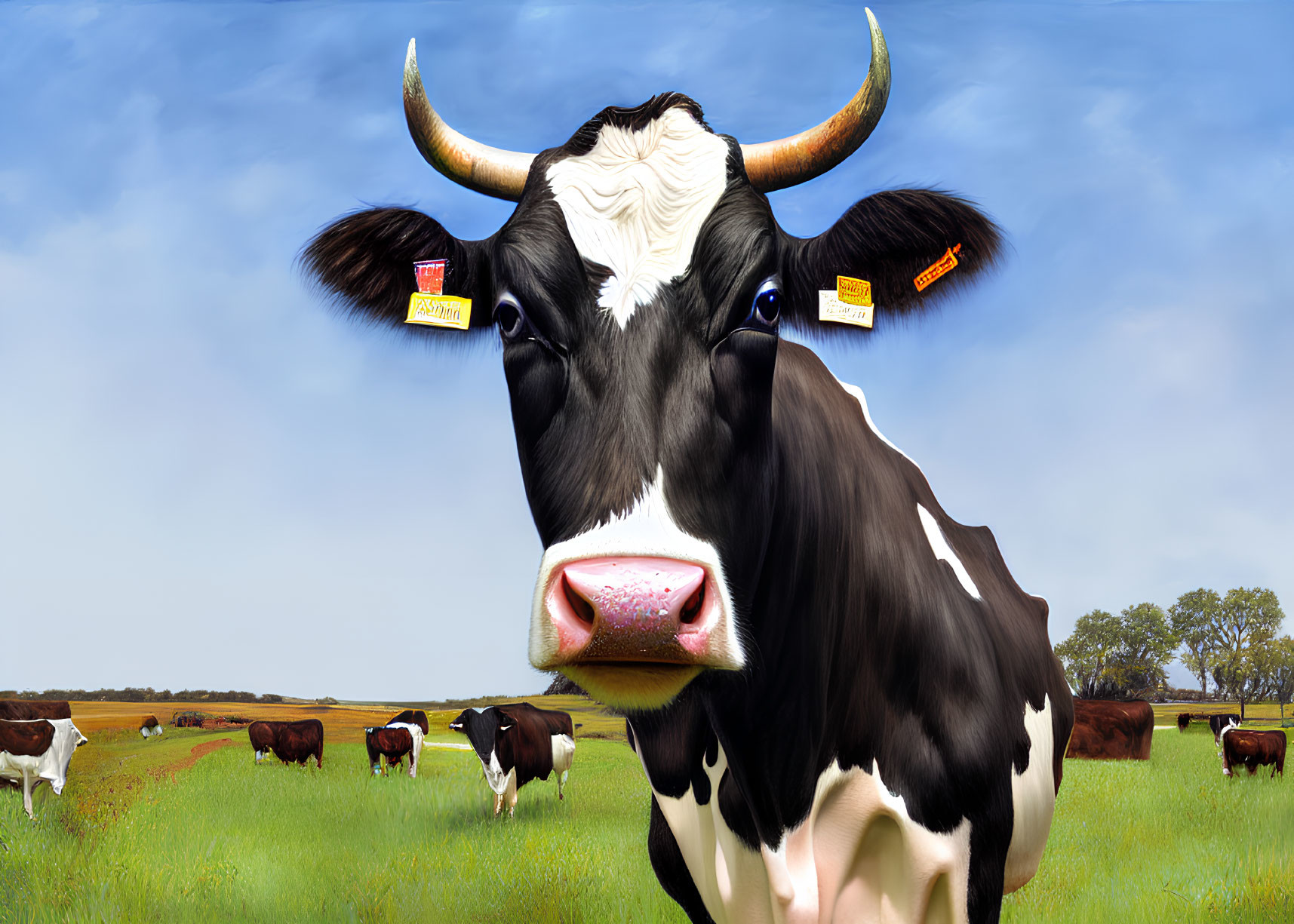 Black and White Cow with Ear Tags in Field with Blue Sky