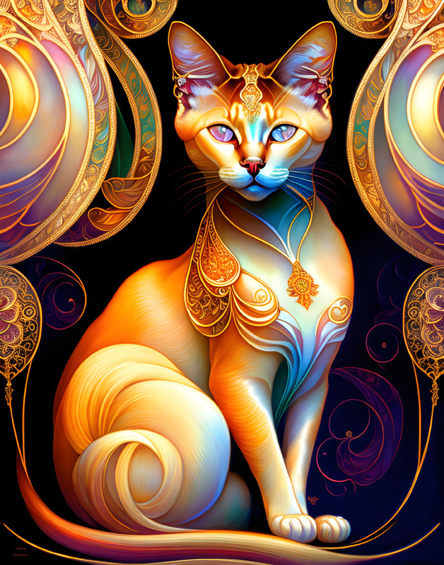 Colorful Ornate Cat Illustration with Gold and Blue Designs on Dark Background