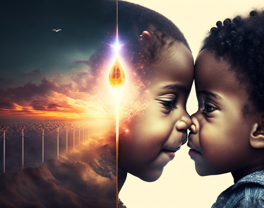 Children face each other in split image with sunset, turbines, starry sky, and glowing teard